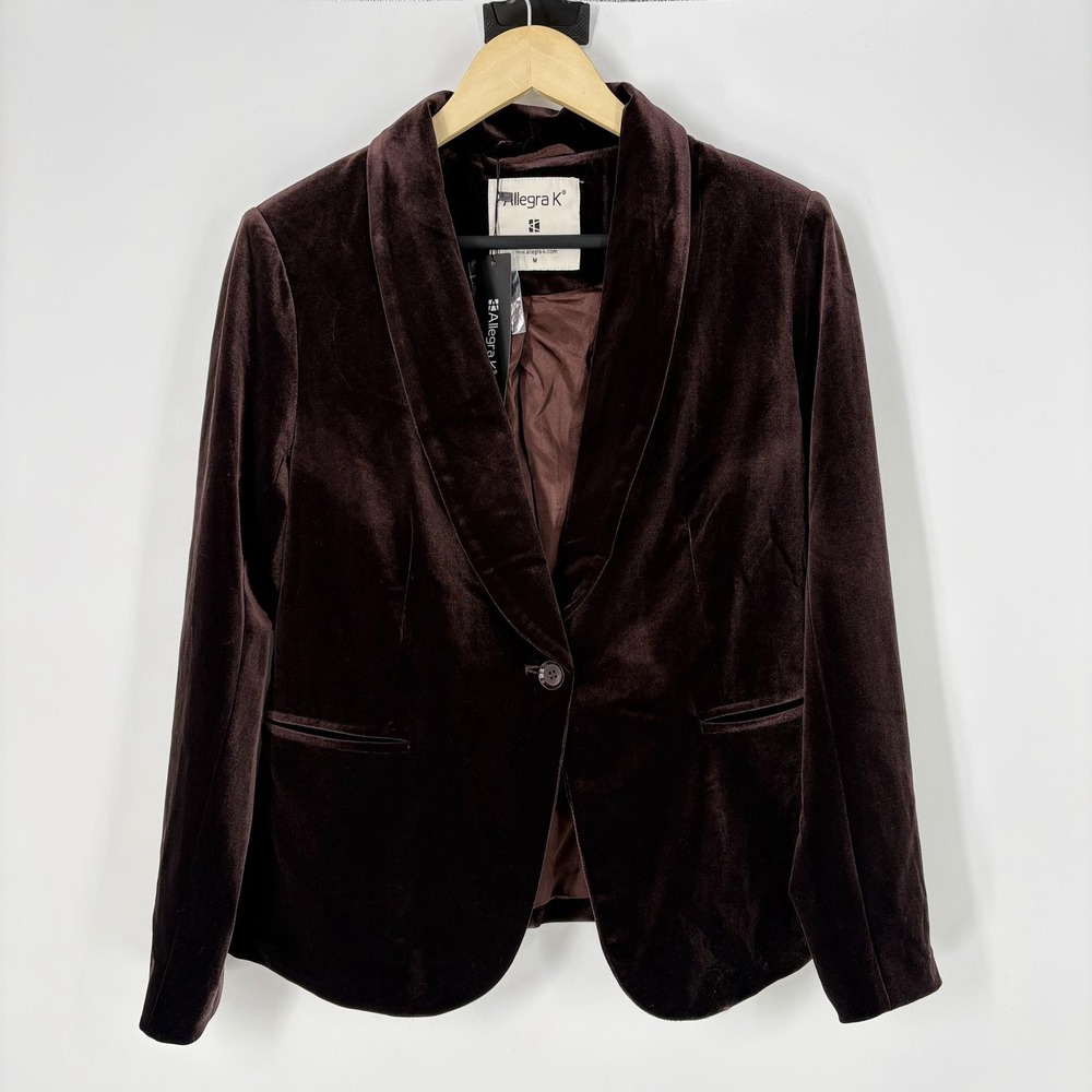 Allegra K Blazer Womens M Brown Velvet Shawl Collar One Button Tuxedo Jacket